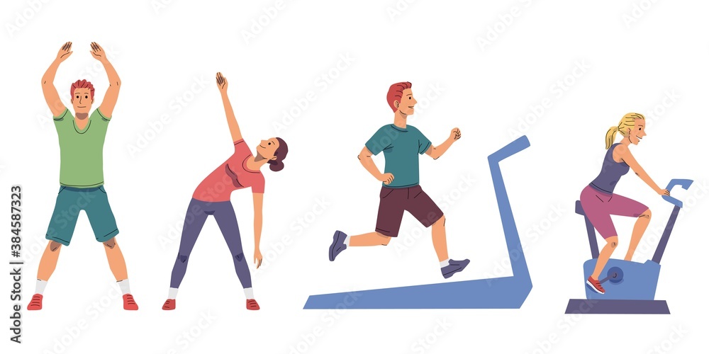 People exercising at gym set. Healthy sport workout for health indoor vector illustration. Young men and women training and stretching, man running on treadmill, girl cycling