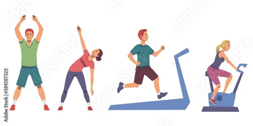 People exercising at gym set. Healthy sport workout for health indoor vector illustration. Young men and women training and stretching, man running on treadmill, girl cycling