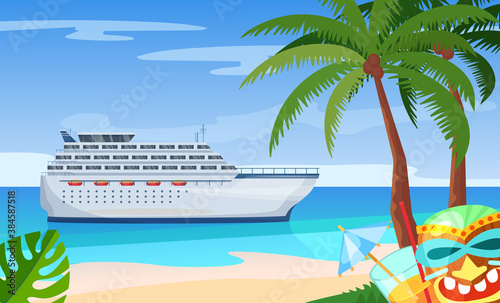 Maritime ships at sea  cruise ship near tropical beach with palm. Water transportation tourism transport cartoon vector