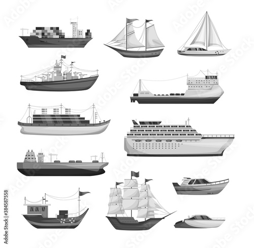 Maritime ships silhouette, shipping boats, sailboat, yacht sailing, cargo cruise ship, steamship, vessel, frigate with sails, battleship, tanker. Water transportation boat tourism transport
