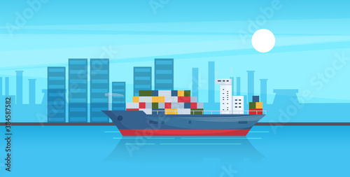 Maritime ships at sea. Industrial sea cargo logistics container, container ship with load. Seagoing freight transport, global cargo shipping near the background of mountains and city building