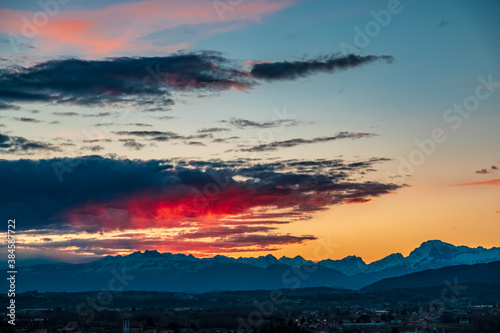 Winter colorful sunset in the countryside of Friuli-Venezia Giulia, Italy