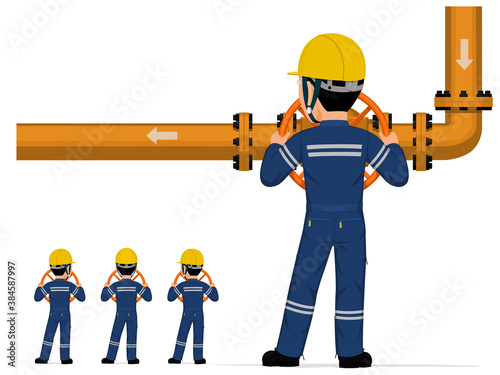 Isolated industrial worker is operate valve on white background.