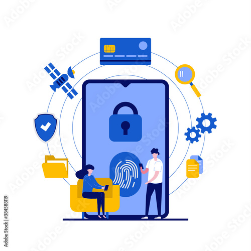 Data protection concept with character. Fingerprint security, biometrics for secure authentication and transactions. Modern flat style for landing page, mobile app, web banner, hero images
