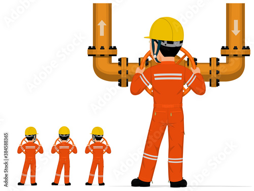 Isolated industrial worker is operate valve on white background.