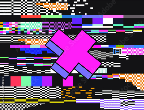 Glitch datamoshing camera effect. Retro VHS background like in old video tape rewind or no signal TV screen. Vaporwave style vector illustration.