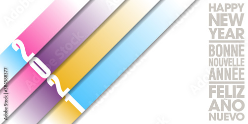 2021-carte de vœux géométrique aux couleurs pastels - texte français, anglais, espagnol - traduction : bonne nouvelle année.