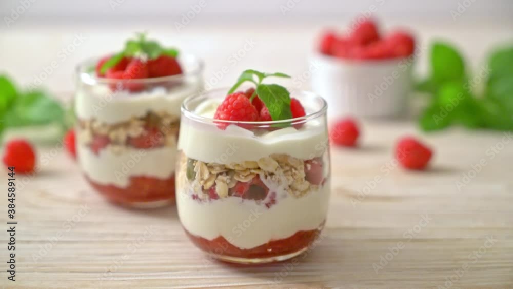 fresh raspberry and yogurt with granola - Healthy food style fresh raspberry and yogurt with granola - Healthy food style