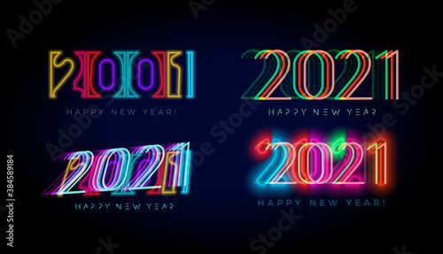 New Year 2021 numbers for digital display design. Neon lighting posters for party, event, invitations and calendars in cyberpunk, rave, popular futuristic style, ui and hud. Vector illustration. photo