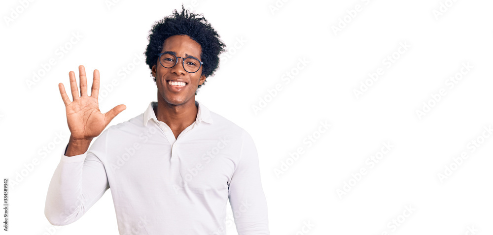 Handsome african american man with afro hair wearing casual clothes and glasses showing and pointing up with fingers number five while smiling confident and happy. Handsome african american man with afro hair wearing casual clothes and glasses showing and pointing up with fingers number five while smiling confident and happy.
