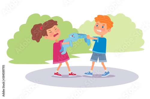 Bad kids arguing and pulling toy. Angry little boy and girl fighting over bunny toy in park outdoor or at playground. Manners and bad behavior vector illustration. Angry expressions