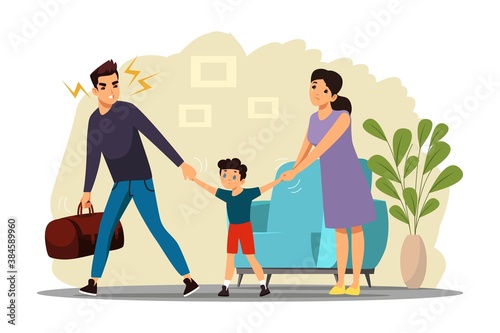 Angry man leaving family after conflict. Woman and man quarreling, father leaves thinking of divorce, child suffering, wife crying. Unhappy marriage vector illustration. Domestic quarrels