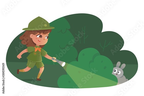 Kid with lamp following rabbit in forest. Girl scout searching for animal hiding behind bush during camping trip. Outdoor adventure scene in summer holiday vector illustration