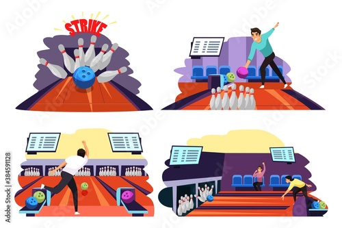 People playing game of bowling set. Man throwing ball on lane into tenpins and skittles, getting strike. Recreation and hobby vector illustration. Night entertainment, fun leisure activity