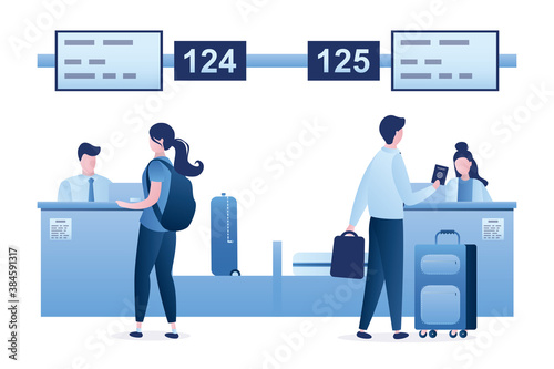 Airport check-in counters. Employees works at workplaces. Ground staff assistance. Tourists in departure terminal interior