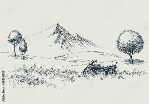Mountains wide wild landscape and a motorcycle hand drawing