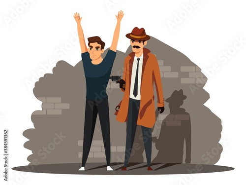 Spy catching killer or thief. Sleuth searching and finding man. Police detective work vector illustration. Inspector following and catching criminal, pointing gun, arms up