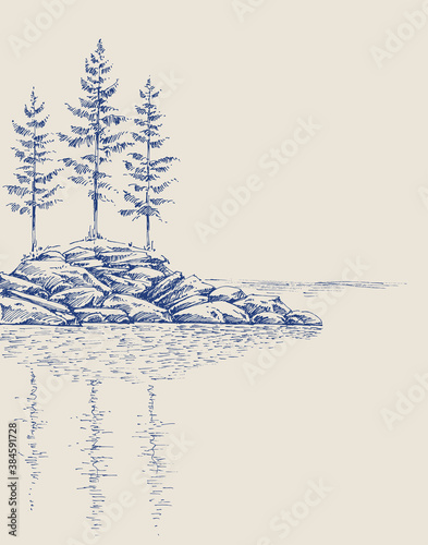 Pine trees on a rocky landscape. Trees reflection in the water artistic hand drawing