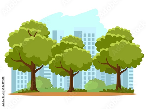 Public city park background illustration. Street with green trees, bushes and grass. Urban summer outdoor vector. Scenic view with nature, lanterns, city buildings in background