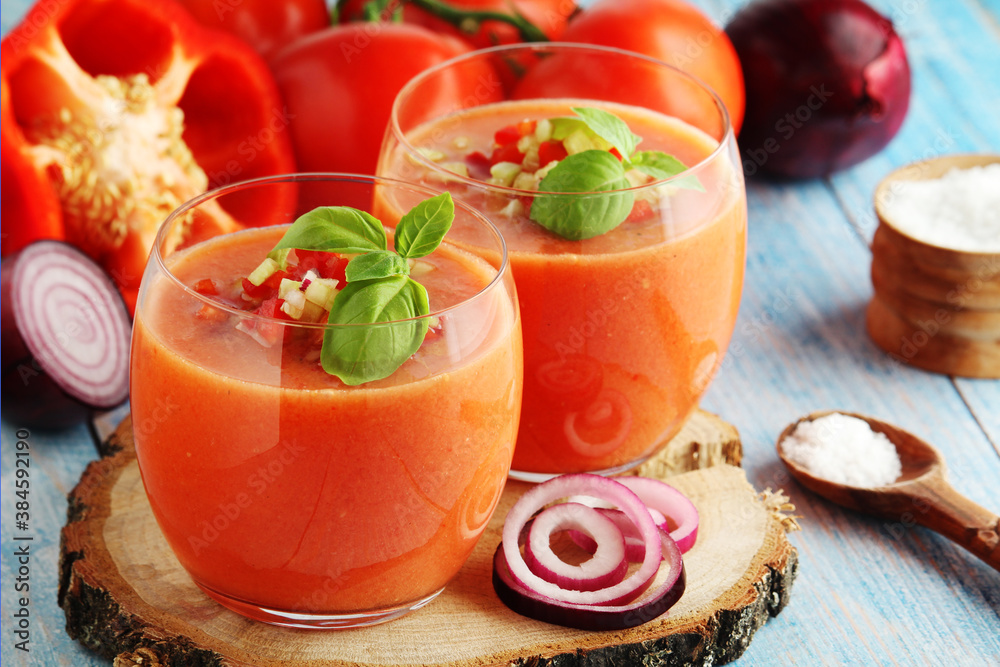Cold Spanish soup Gazpacho served in glasses Cold Spanish soup Gazpacho served in glasses