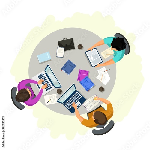 People working in open workspace. Men and woman studying at desk with laptops and books in university campus, cafe or office workplace. Business interior design vector illustration