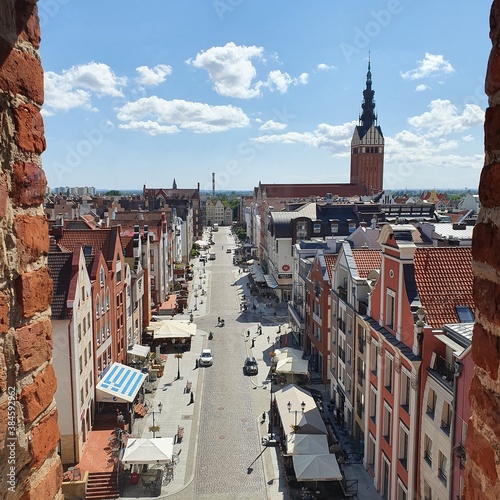 Elblag, Poland - August 11, 2020: The old town of Elblag seen from the window of the Market Gate tower