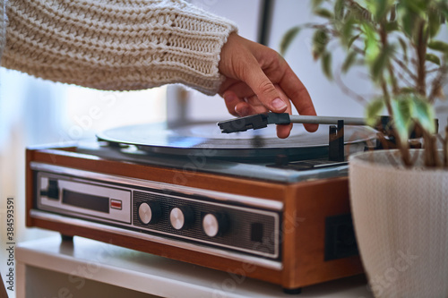 Vintage retro vinyl turntable with record