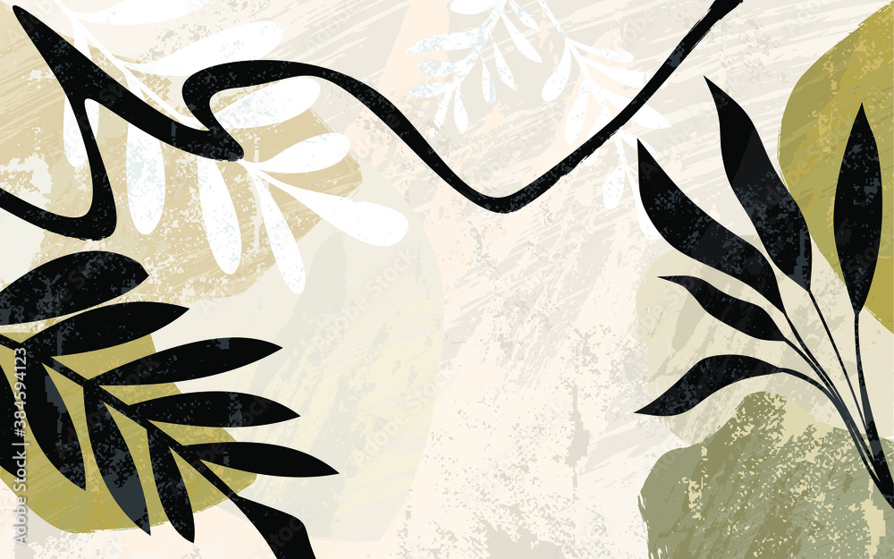 Fototapeta Illustration vector EPS print hand draw painted abstract shapes collage plants botanical gardens Scandinavian nordic design style for fashion or interior or cover or textile or background or other