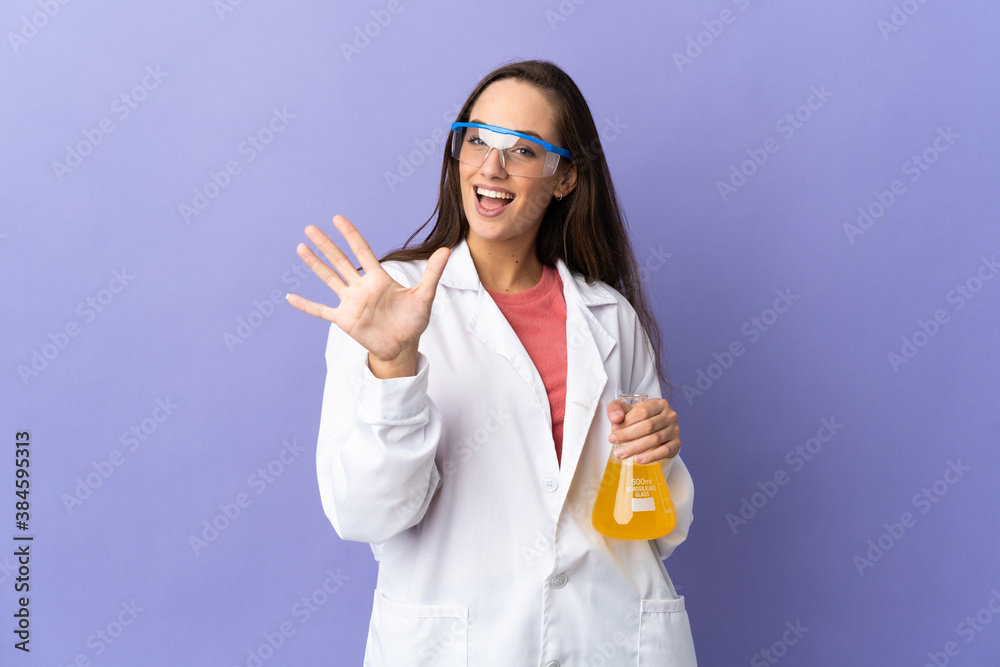 Young scientific woman over isolated background counting five with fingers Young scientific woman over isolated background counting five with fingers