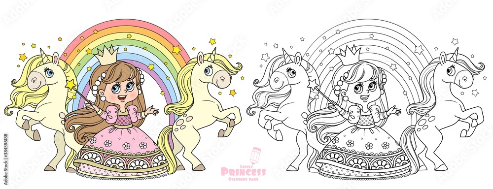 Cute princess in pink dress with unicorns and rainbow outlined and color for coloring book