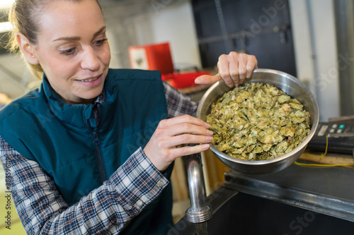 woman tipping bowl of hops into vat