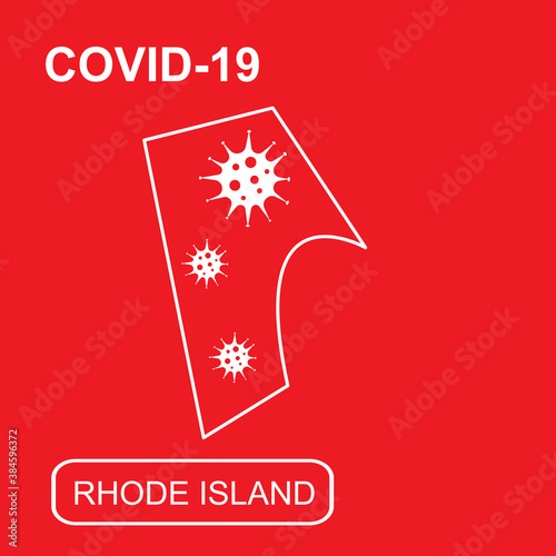 Map of Rhode Island State labeled "COVID-19". White outline map on a red background. Vector illustration of a virus, coronavirus, epidemiology.