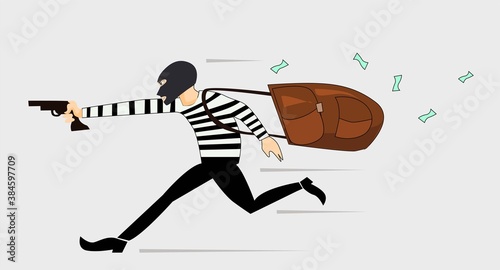 a thief running wit gun and bag .vector illustration