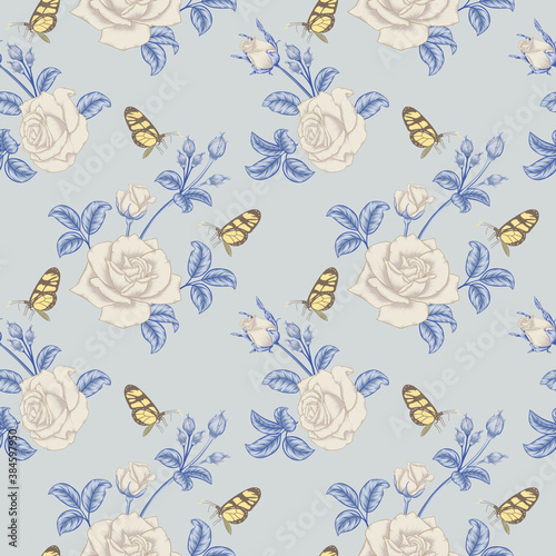 Wallpaper Mural Seamless Beige Rose and Rose Buds with Bluish Leaves Pattern for Textile and Fabric Products, Wallpapers, Covers and more Torontodigital.ca