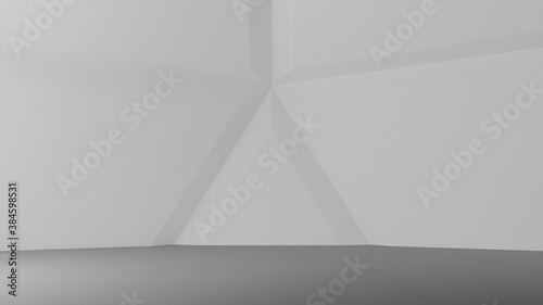 Fototapeta Naklejka Na Ścianę i Meble -  Background white wall and gray floor with geometric corners. Abstract white 3d interior with polygonal pattern on the wall. 3d illustration
