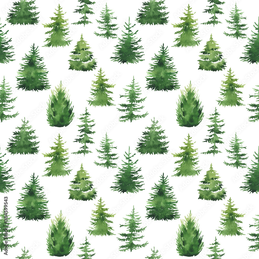 Seamless pattern of watercolor christmas trees. hand drawn. Christmas card.