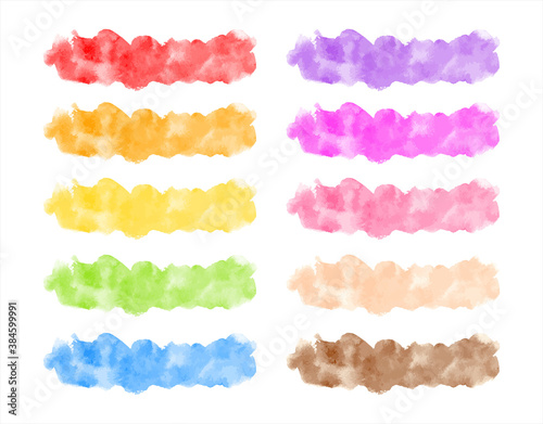 Set of colorful watercolor vector brush strokes, rounded rectangle spots, stripes, smears. Banner shape graphic design elements collection, watercolour stains text background, frame or border template