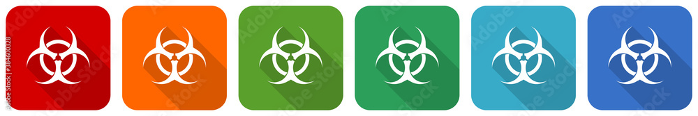 Biohazard icon set, flat design vector illustration in 6 colors options for webdesign and mobile applications Biohazard icon set, flat design vector illustration in 6 colors options for webdesign and mobile applications