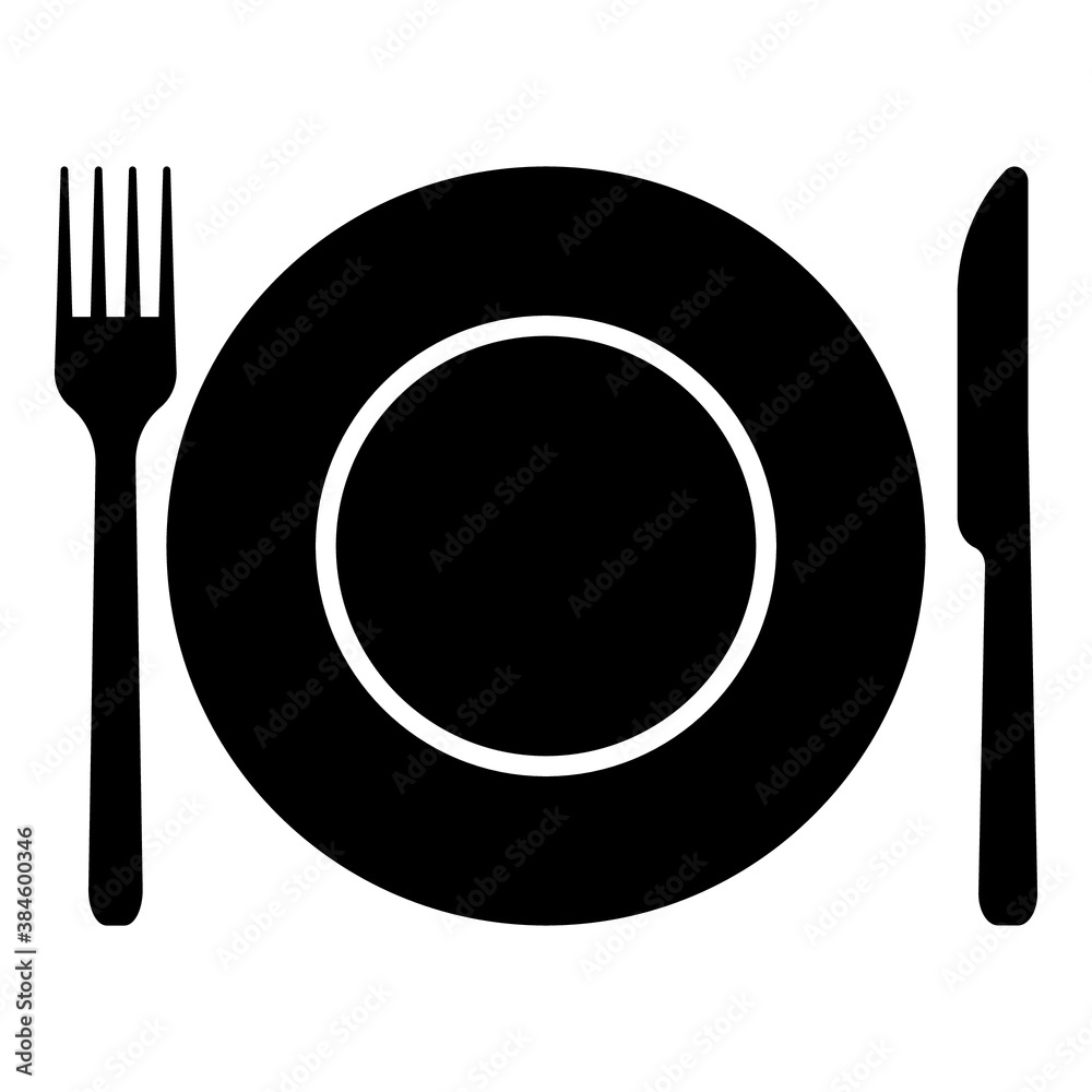 Plate, fork and knife icon vector in flat style. Food symbol isolated on blank background. Plate, fork and knife icon vector in flat style. Food symbol isolated on blank background.