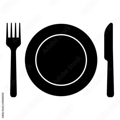 Plate, fork and knife icon vector in flat style. Food symbol isolated on blank background.