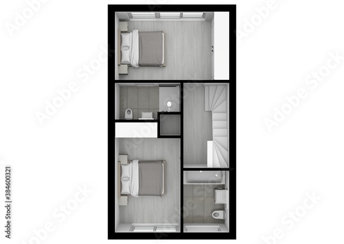 Modern interior design  isolated floor plan with white walls  blueprint of apartment. Detailed floor plan with interior design.