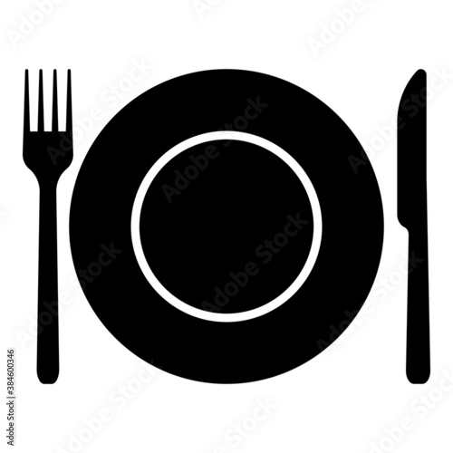Plate, fork and knife icon vector in flat style. Food symbol isolated on blank background.