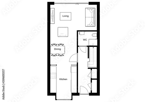 Modern interior design, isolated floor plan with white walls, blueprint of apartment. Detailed floor plan with interior design.