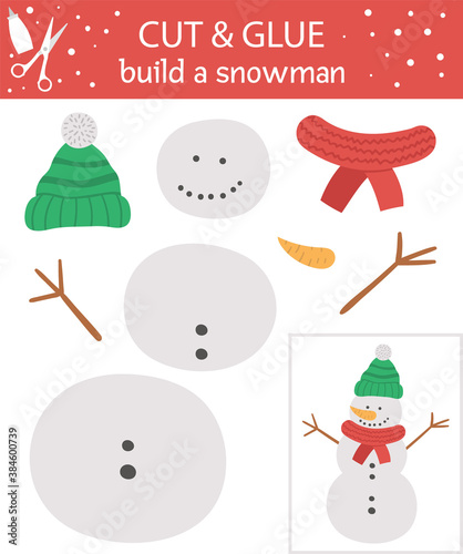 Vector Christmas cut and glue activity. Winter educational crafting game with cute snowman. Fun activity for kids. Build a snowman worksheet for children..