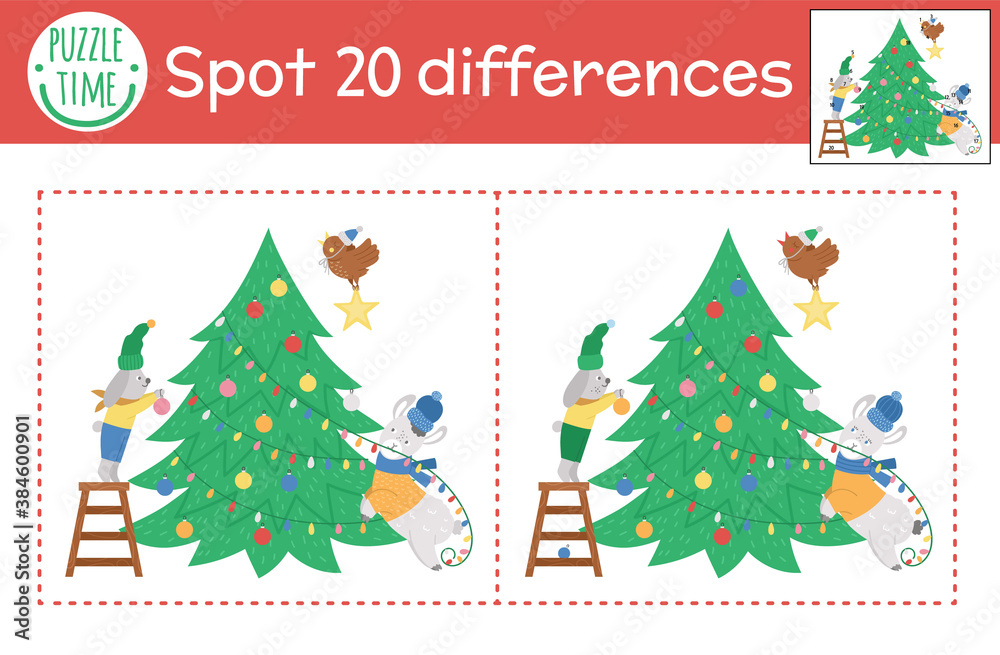 Fototapeta premium Christmas find differences game for children. Winter educational activity with funny animals decorating fir tree. Printable worksheet with smiling characters. Cute New Year puzzle for kids.