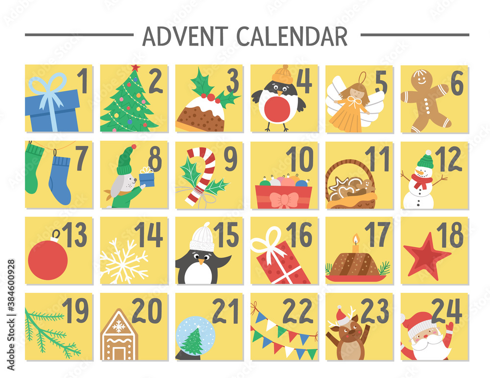 Vector Christmas advent calendar with traditional holiday symbols. Cute winter planner for kids. Festive poster or box packaging design with Santa Claus, fir tree, deer, present.