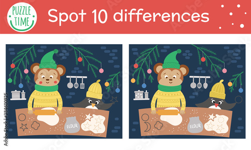 Christmas find differences game for children. Winter educational activity with funny animals backing cookies. Printable worksheet with smiling characters. Cute New Year puzzle for kids.