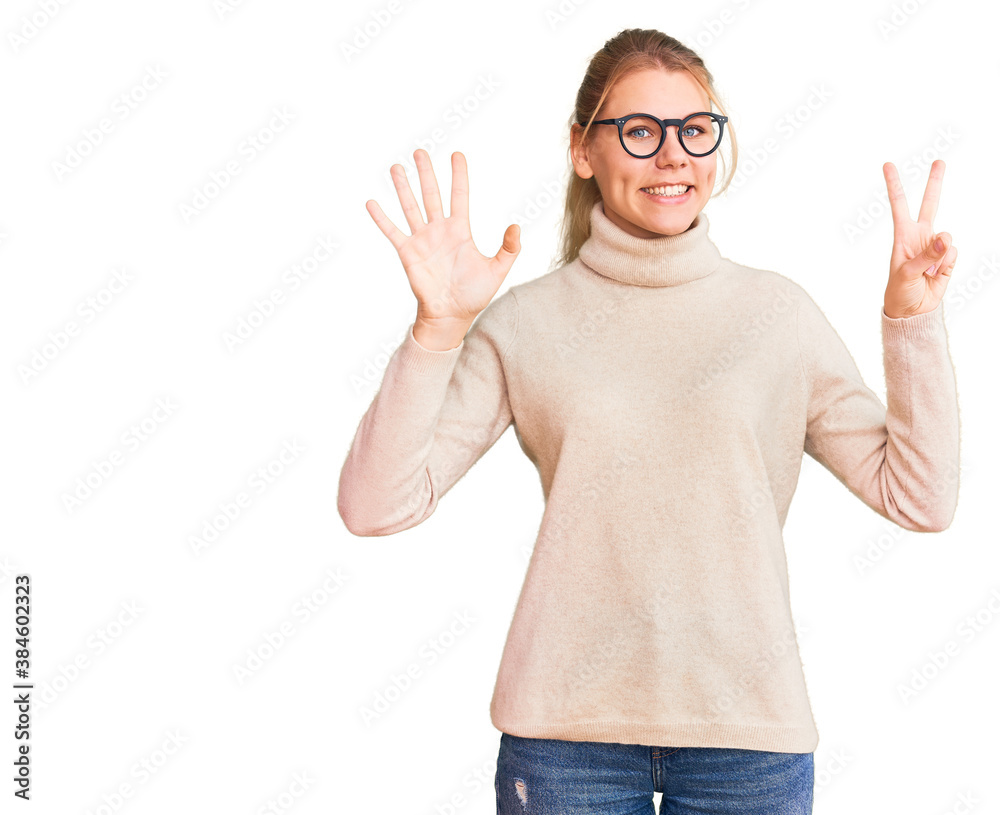 Young beautiful blonde woman wearing turtleneck sweater and glasses showing and pointing up with fingers number seven while smiling confident and happy. Young beautiful blonde woman wearing turtleneck sweater and glasses showing and pointing up with fingers number seven while smiling confident and happy.