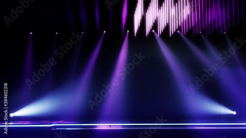Purple abstract fashion mockup stage for product display presentation spotlight and marketing award advertising. Looped concept animation background with illuminated floodlight lamps and catwalk.