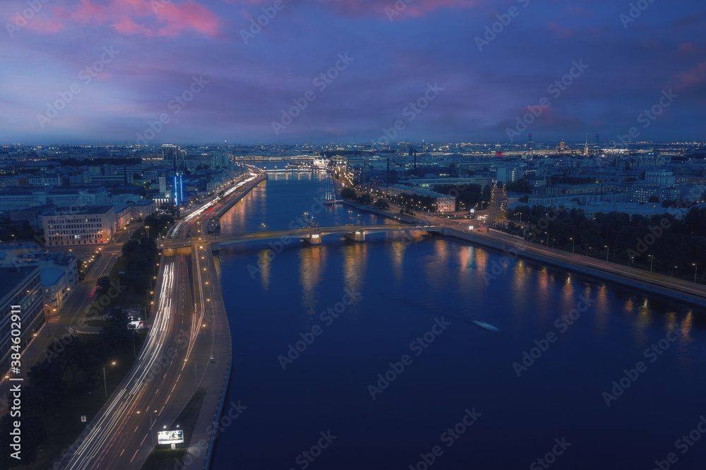 Aerial Panorama of Saint Petersburg. View of St. Petersburg from the heights-Great Nevka river, Grenadier bridge, Sampsonievsky Bridge,Petrogradskaya Embankment, Vyborg Embankment. Russia